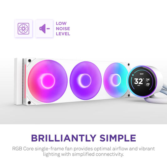 NZXT Kraken Elite 360 RGB 2024 – Ftohës me ujë "All-in-One" për CPU – Radiator 360 mm – Ventilatorë F360 RGB Core – Ekran IPS LCD 2.72” i personalizueshëm – Pompë NZXT Turbine – Përputhshmëri me AMD® AM5/AM4 dhe Intel® LGA 1851/1700/1200/115X e bardhë