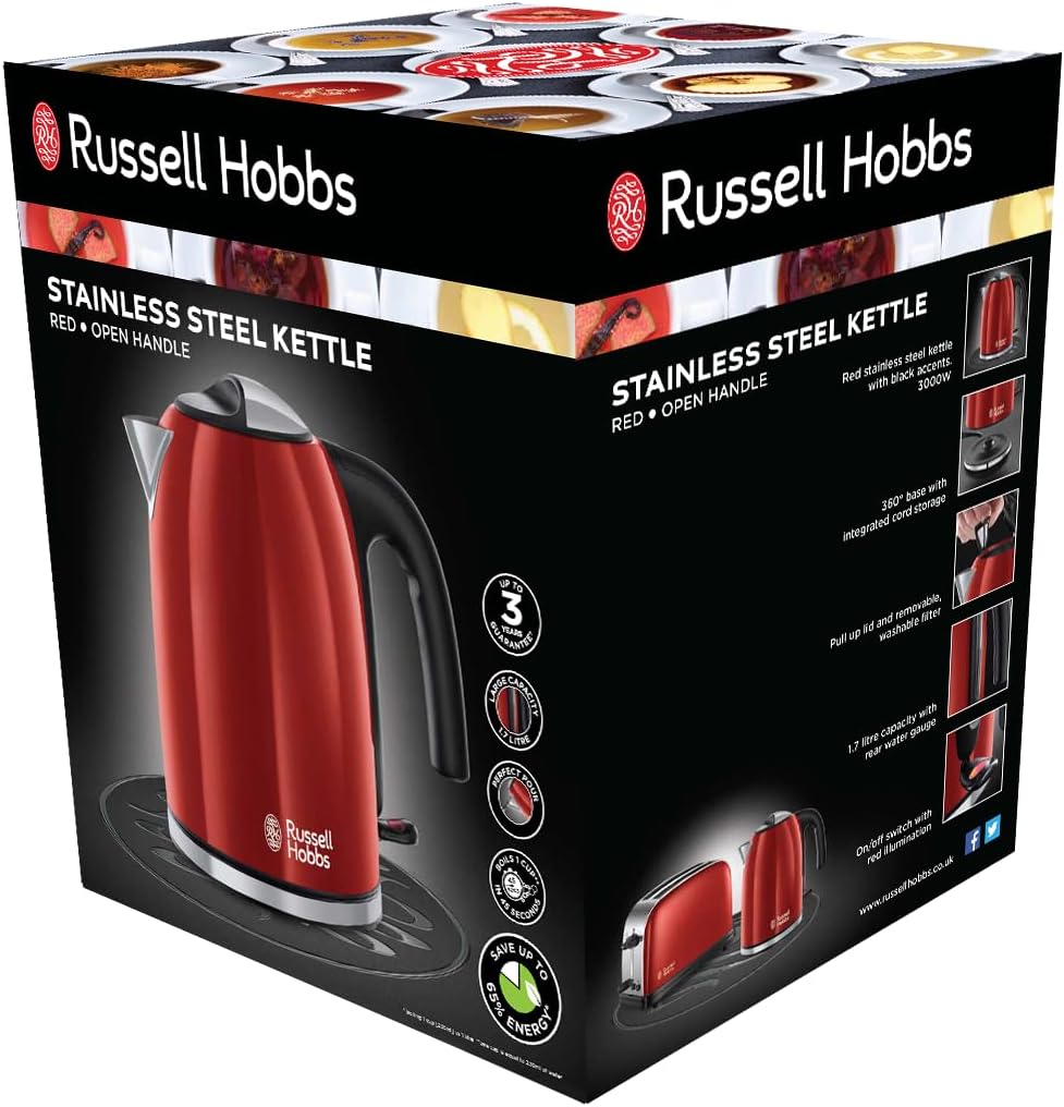 Russell Hobbs Çajnik Elektrik 1.7L Flame Red – Vlim i Shpejtë, Kursim Energjie, 2400W, Grykë Anti-Pikim, Filtrë Kundër Gëlqeres, Bazë 360°, Dizajn Elegant