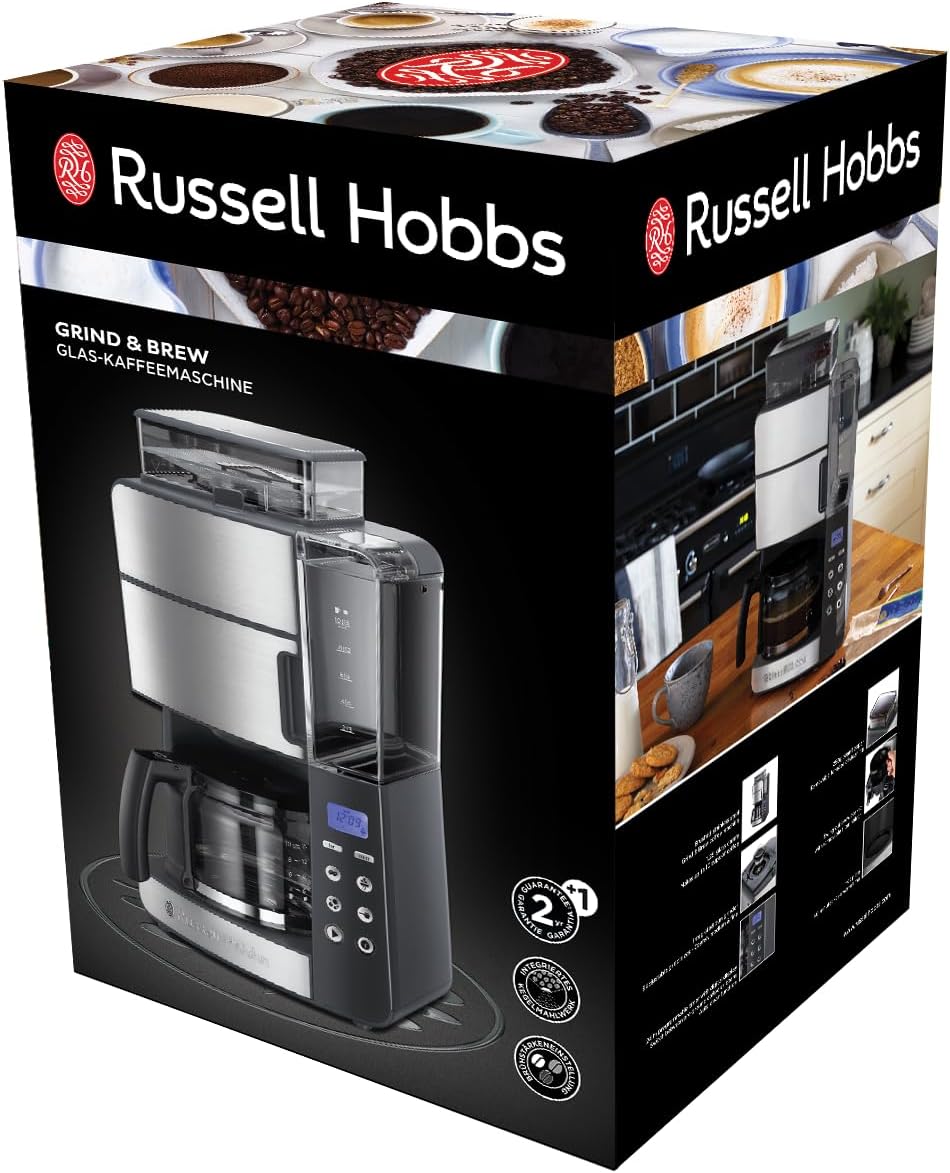 Russell Hobbs Grind & Brew – Makineri Kafeje me Programim, Teknologji WhirlTech për Nxjerrje dhe Shije optimale, me Mulli të Integruar, Kapacitet 10 Filxhanë, Gjel Gjatë 1.25L, Modeli 25610-56