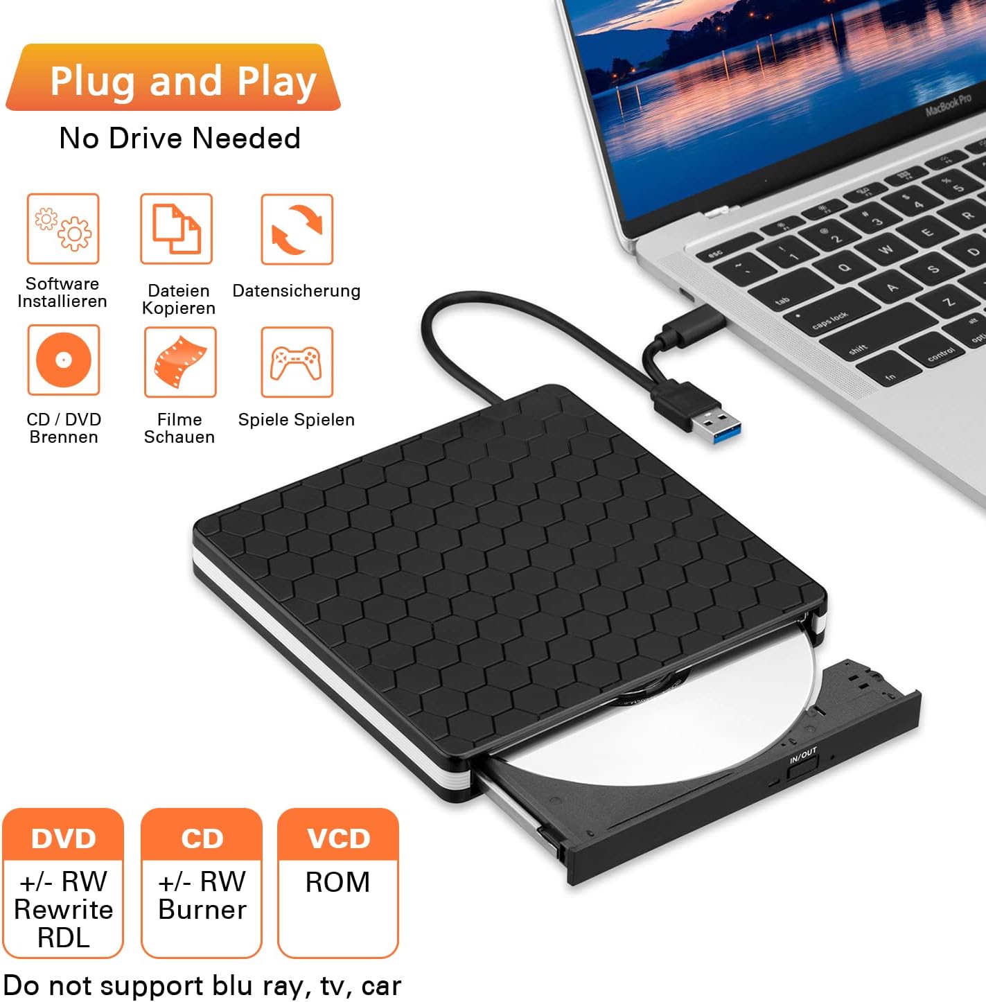 Amicool Regjistrues dhe Lexues i Jashtëm CD-DVD me USB 3.0 dhe Type-C, Portativ, Plug&Play, Zhurmë e Ulët, Superdrive i Hollë për Laptopë, PC Desktop, Macbook, iOS, Windows 10/8/7/XP dhe Linux, Ngjyrë e Zezë