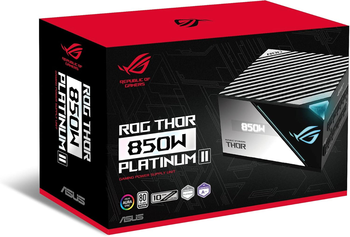 ASUS ROG Thor 850W Platinum II – Furnizues Energjie Modular i Plotë, Certifikatë 80+ Platinum, Certifikuar Lambda A++, Ftohës ROG, Ventilator 135mm PWM, Modalitet 0dB, Panel OLED, Kablla me Mbulim, Aura Sync.