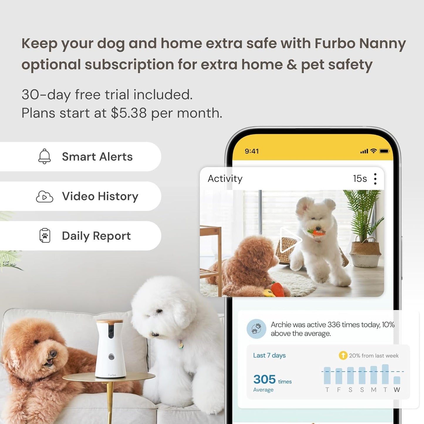 Furbo 360° Kamera për Qen: Kamera Inteligjente për Sigurinë e Qenit me Alarme për Levdatë, Pamje Rrotulluese, Hedhje Trajtesh me Aplikacion në Telefon, Monitorim të Mençur të Kafshëve, Mikrofon dhe Llaut të Dyanshëm, Pa Nevojë për Abonim