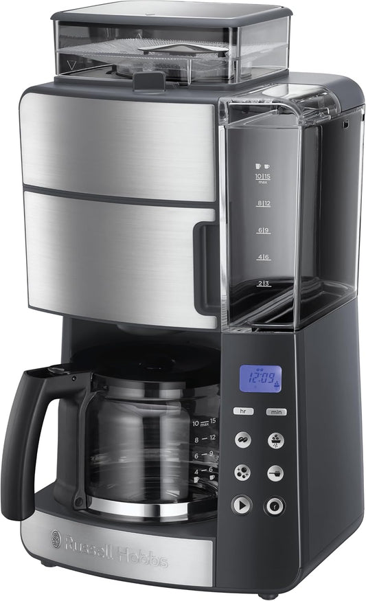 Russell Hobbs Grind & Brew – Makineri Kafeje me Programim, Teknologji WhirlTech për Nxjerrje dhe Shije optimale, me Mulli të Integruar, Kapacitet 10 Filxhanë, Gjel Gjatë 1.25L, Modeli 25610-56