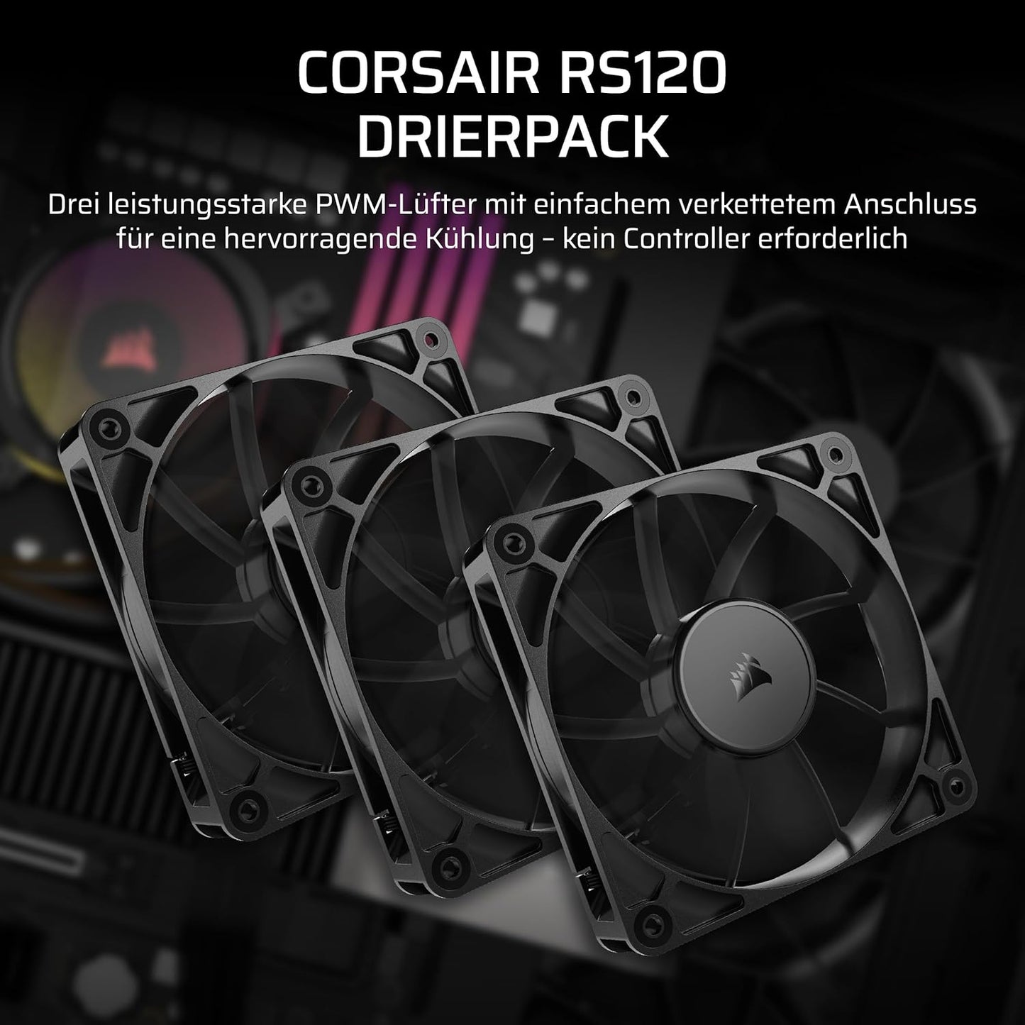 CORSAIR RS120 – Ventilator 120 mm me kontroll PWM – Lidhje me sistem "daisy chain" – Zhurmë e ulët – Mbajtje magnetike "dome bearing" – Paketë me 3 copë – Ngjyrë e zezë