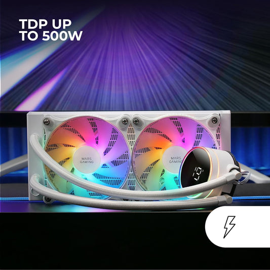 Mars Gaming ML-LCD240 – Ftohës AIO me lëng, TDP 500W, 2 ftohës FDB ARGB 120mm, Ekran LCD me monitorim temperature, Pompë Opti-Chamber gjenerata e 3-të, Multisocket universal, E bardhë
