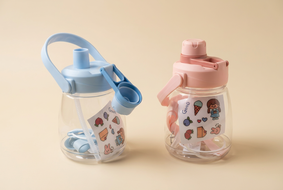Shishe uji 1300 ml me pipëz, dorezë,shirit për kapje ne çante dhe stikera – Ngjyra e kaltër