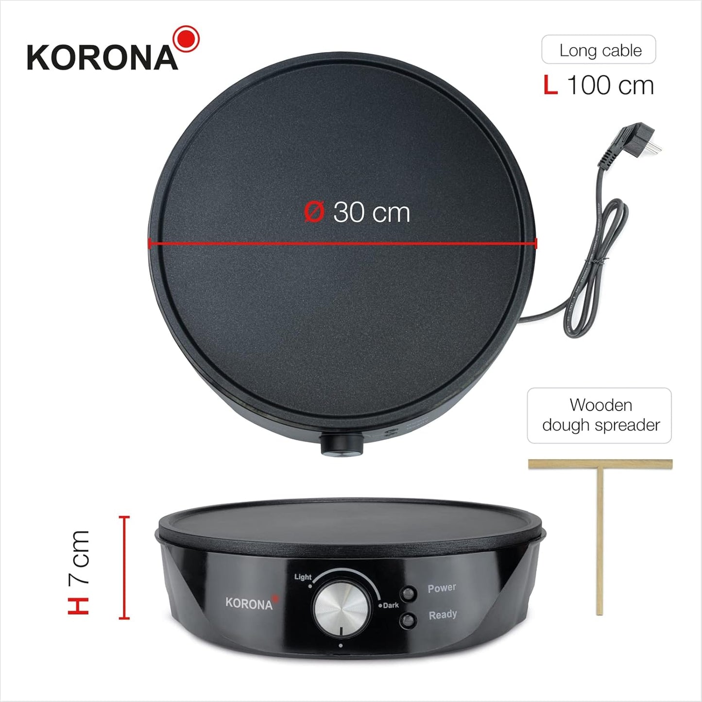 Korona Makineri për crepes 1200 Watt, diametri 30 cm, e lehtë për pastrim falë mbulesës anti-ngjitëse, përfshin shpërndarës brumi, e zezë.
