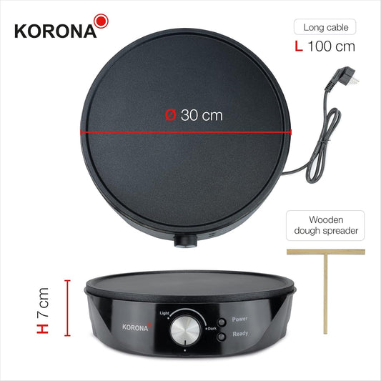 Korona Makineri për crepes 1200 Watt, diametri 30 cm, e lehtë për pastrim falë mbulesës anti-ngjitëse, përfshin shpërndarës brumi, e zezë.