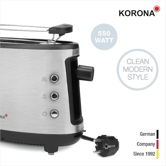 Korona 21304 Toaster individual | Trupi inox i cilësisë së lartë | Vend për bukë | Tavë grumbullash | 550 Watt | Temperatura e rregullueshme
