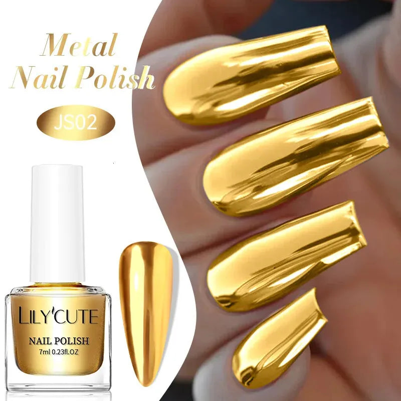 Lily’s Cute Llak thonjsh ngjyre e artë metalike me tharje te shpejte, vaj ricini , rezistent ndaj thyerjes pa tharje me rreze UV.