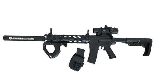 Sniper arme me plumba xheli me gjuajtje semi dhe full automatike,laser ne shenje, zmadhues 6X, 1 karikator normal, 1 karikator rrumbullak për me shume gjuajtje.
