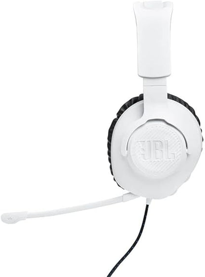 JBL Quantum 100P - Kufje Gaming me Fije mbi Vesh (Over-Ear) me Mikrofon të Heqshëm, QuantumSOUND Signature, Rehatia e Shkumës Memory, e Përputhshme me Windows Sonic Surround Sound (E Bardhë)