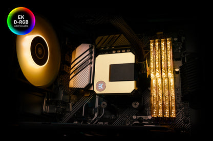 Sistem Ftohës Me Ujë EK AIO Elite 360mm D-RGB – All-in-One për CPU, me Fana EK-Vardar me Performancë të Lartë PWM, Kompatibil me Intel dhe AMD AM4/AM5 Ngjyre e zeze dhe Ari i shkelqyeshem
