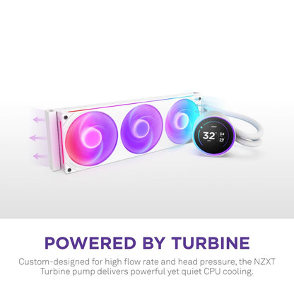 NZXT Kraken Elite 360 RGB 2024 – Ftohës me ujë "All-in-One" për CPU – Radiator 360 mm – Ventilatorë F360 RGB Core – Ekran IPS LCD 2.72” i personalizueshëm – Pompë NZXT Turbine – Përputhshmëri me AMD® AM5/AM4 dhe Intel® LGA 1851/1700/1200/115X e bardhë
