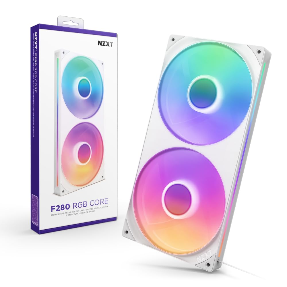 NZXT F280 RGB Core – Njësi ventilatorësh 280mm me një kornizë, me 2 ventilatorë RGB 140mm – Kontroll shpejtësie dhe ndriçimi – Presion statik dhe rrjedhje ajri e lartë – Leje dinamike fluide – 8 LED ARGB për ventilator – E bardhë