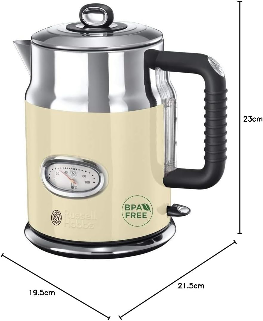Çajnik Russell Hobbs [1.7L, 2400W] në Stil Retro, Ngjyrë Krem dhe Çelik i Lëmuar | Funksion Ngrohje e Shpejtë | Dizajn Vintage me Ekran Temperaturë Uji | Tregues i Jashtëm i Nivelit të Ujit | Modeli 21672-70