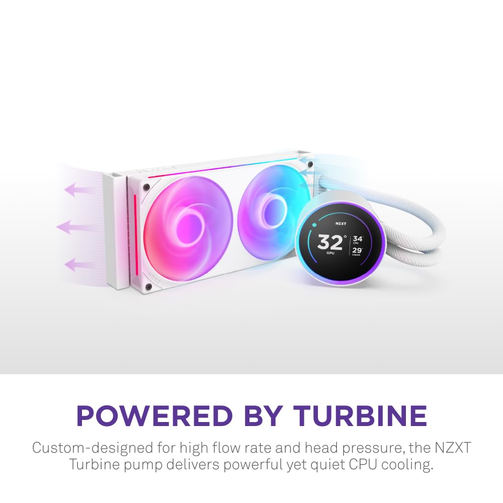 NZXT Kraken Elite 240 RGB – Ftohës me ujë "All-in-One" për CPU – Radiator 240 mm – Ventilator F240 RGB Core – Ekran IPS LCD 2.72" i personalizueshëm Pompë NZXT Turbine – Përputhshmëri me Intel® LGA 1700, 1200/115X, 1851 dhe AMD® AM5, AM4 – Ngjyrë e bardhë