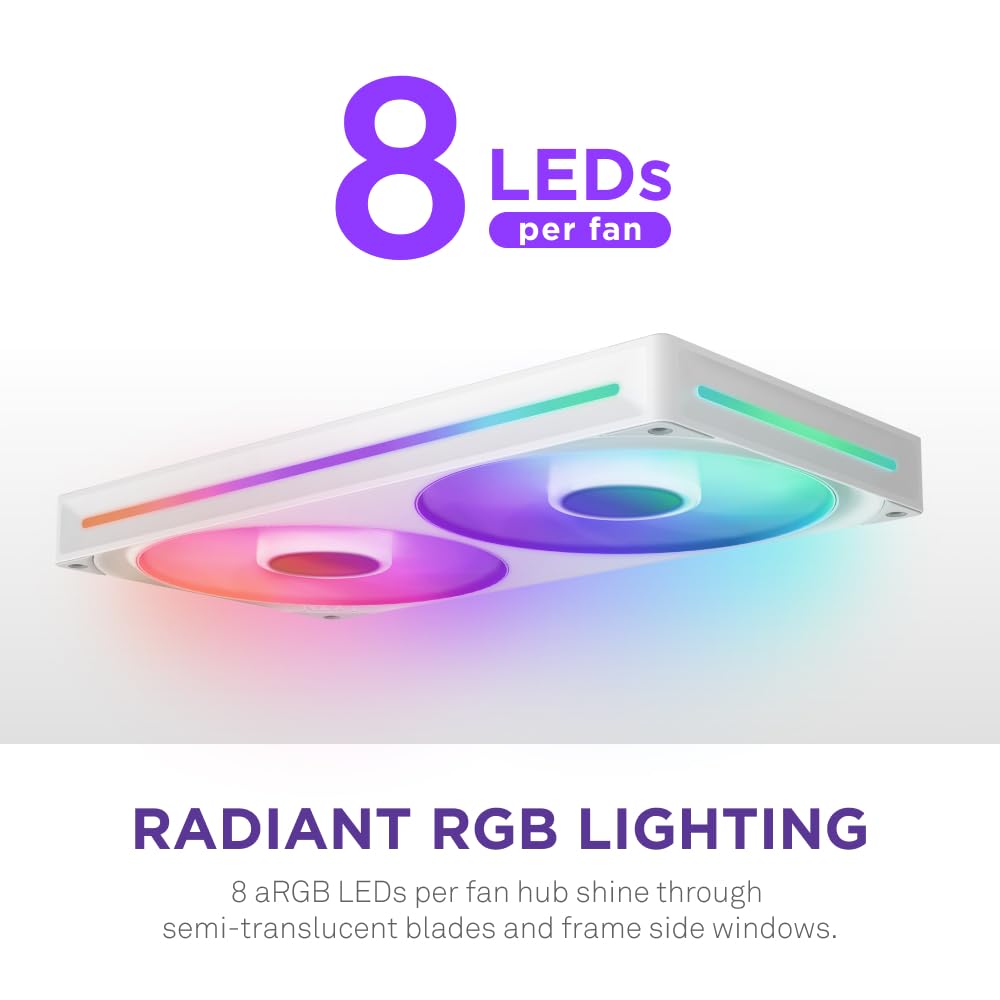 NZXT F280 RGB Core – Njësi ventilatorësh 280mm me një kornizë, me 2 ventilatorë RGB 140mm – Kontroll shpejtësie dhe ndriçimi – Presion statik dhe rrjedhje ajri e lartë – Leje dinamike fluide – 8 LED ARGB për ventilator – E bardhë