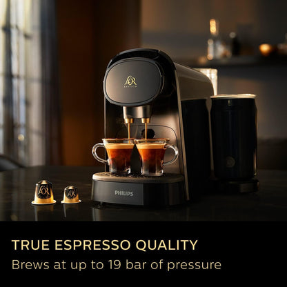 Makina Premium e Kafesë Philips L'OR BARISTA me Shkumues Qumështi – Shije Baristi në Shtëpi, për Kapsula të Vetme ose të Dyfishta, Elegancë në të Zezë (LM8014/60)
