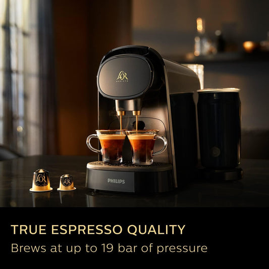 Makina Premium e Kafesë Philips L'OR BARISTA me Shkumues Qumështi – Shije Baristi në Shtëpi, për Kapsula të Vetme ose të Dyfishta, Elegancë në të Zezë (LM8014/60)