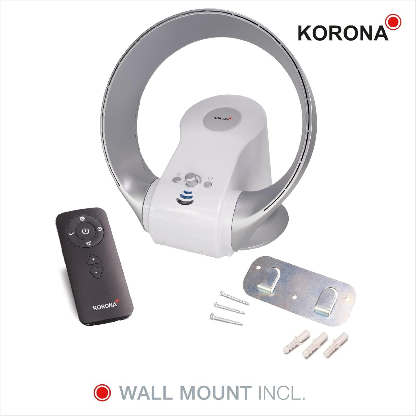 Korona 81008 – Ventilator Muri dhe Tavoline pa Helika, me Lëkundje, Montim në Mur, Me Timer dhe Telekomandë, Ngjyrë E Bardhë-Argjend