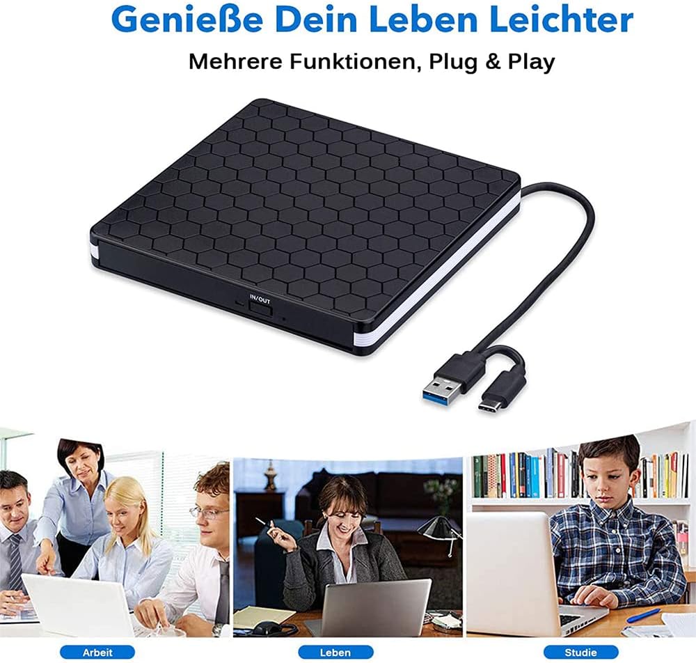 Amicool Regjistrues dhe Lexues i Jashtëm CD-DVD me USB 3.0 dhe Type-C, Portativ, Plug&Play, Zhurmë e Ulët, Superdrive i Hollë për Laptopë, PC Desktop, Macbook, iOS, Windows 10/8/7/XP dhe Linux, Ngjyrë e Zezë