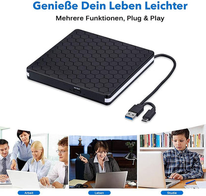 Amicool Regjistrues dhe Lexues i Jashtëm CD-DVD me USB 3.0 dhe Type-C, Portativ, Plug&Play, Zhurmë e Ulët, Superdrive i Hollë për Laptopë, PC Desktop, Macbook, iOS, Windows 10/8/7/XP dhe Linux, Ngjyrë e Zezë