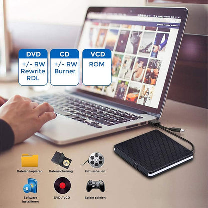 Amicool Regjistrues dhe Lexues i Jashtëm CD-DVD me USB 3.0 dhe Type-C, Portativ, Plug&Play, Zhurmë e Ulët, Superdrive i Hollë për Laptopë, PC Desktop, Macbook, iOS, Windows 10/8/7/XP dhe Linux, Ngjyrë e Zezë