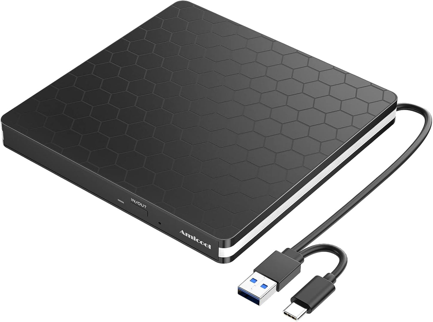 Amicool Regjistrues dhe Lexues i Jashtëm CD-DVD me USB 3.0 dhe Type-C, Portativ, Plug&Play, Zhurmë e Ulët, Superdrive i Hollë për Laptopë, PC Desktop, Macbook, iOS, Windows 10/8/7/XP dhe Linux, Ngjyrë e Zezë