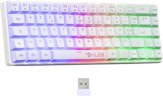 THE G-LAB - Keyz Hydrogen WL - Tastierë Gamer Wireless, 60% Pjesërisht Mekanike, Azerty, RGB Shumëngjyrëshe - Tastierë Gaming Wireless e Qetë, Madhësi e Kompaktë TKL - PC/PS4/PS5 - (E Bardhë)