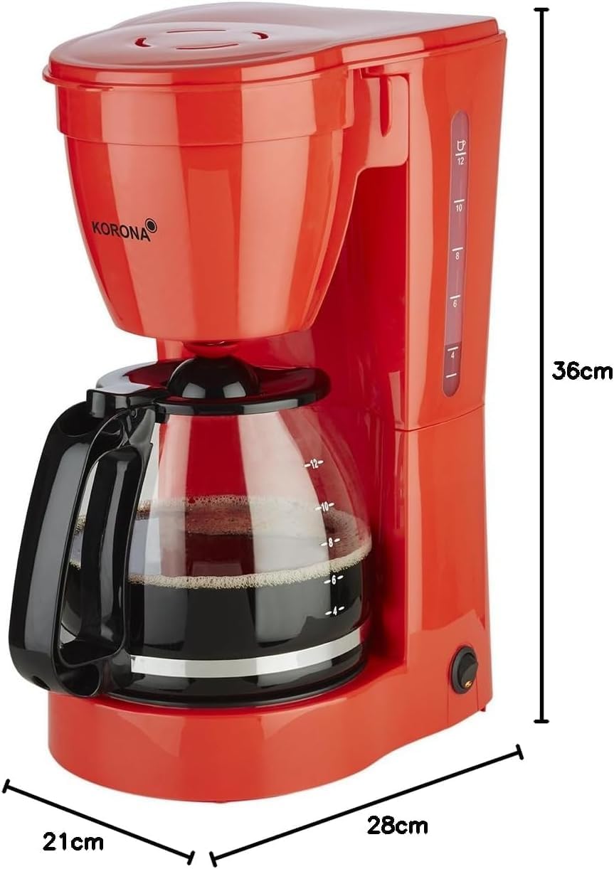 Makineri Kafeje Korona 10117 – Gjysmë-Automatik, 1.5L / 12 Filxhanë, Fuqi 800W, Ngjyrë e Kuqe, Për Kafe të Bluar, Vendqëndrues (Freestanding)