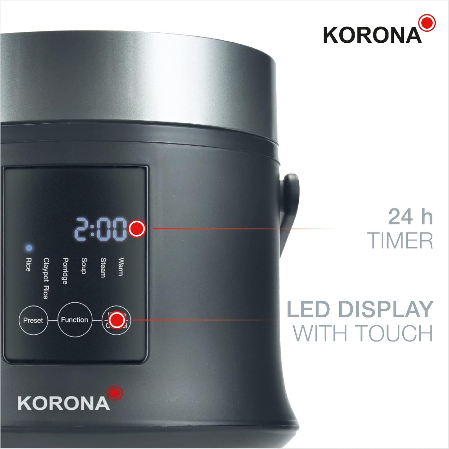 Korona 58011 Reisprofi – Gatuese dhe Avullues Digjital për Oriz 1.6L | Funksion Mbajtjeje të Ngrohtë | Tenxhere Gatuese e Lëvizshme | Ekran LED me Butona Touch | Timer 24 Orësh | Përfshin Kupë Matëse dhe Lugë për Oriz