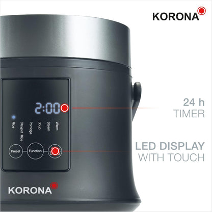 Korona 58011 Reisprofi – Gatuese dhe Avullues Digjital për Oriz 1.6L | Funksion Mbajtjeje të Ngrohtë | Tenxhere Gatuese e Lëvizshme | Ekran LED me Butona Touch | Timer 24 Orësh | Përfshin Kupë Matëse dhe Lugë për Oriz