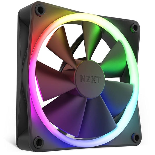 NZXT F120 RGB – Ventilator 120mm RGB PWM për PC – Qarkullim i Lartë Ajri, Zhurmë e Ulët – Mbajtje me Lëng Dinamik – Njëshe (Kërkon Kontrollues RGB të NZXT për Softuerin CAM) – 18 LED – Ngjyrë e Zezë.
