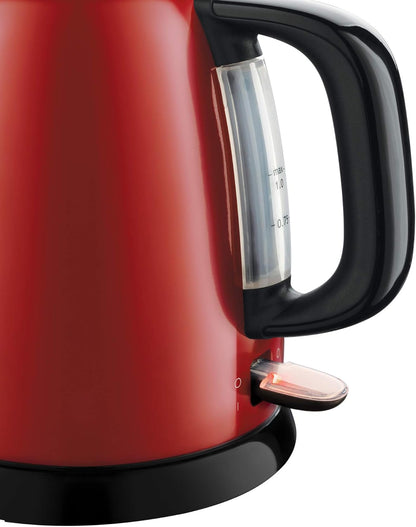 Çajnik Kompakt Russell Hobbs Colours+ në Ngjyrë të Kuqe, 1L, 2200W | Funksion Gatimi i Shpejtë | Hapur për Derdhje të Optimizuar | Tregues i Nivelit të Ujit | Shenja për Sasinë e Mbushjes | Çajnik i Vogël