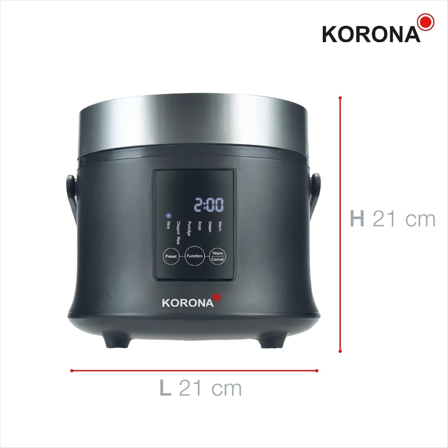 Korona 58011 Reisprofi – Gatuese dhe Avullues Digjital për Oriz 1.6L | Funksion Mbajtjeje të Ngrohtë | Tenxhere Gatuese e Lëvizshme | Ekran LED me Butona Touch | Timer 24 Orësh | Përfshin Kupë Matëse dhe Lugë për Oriz