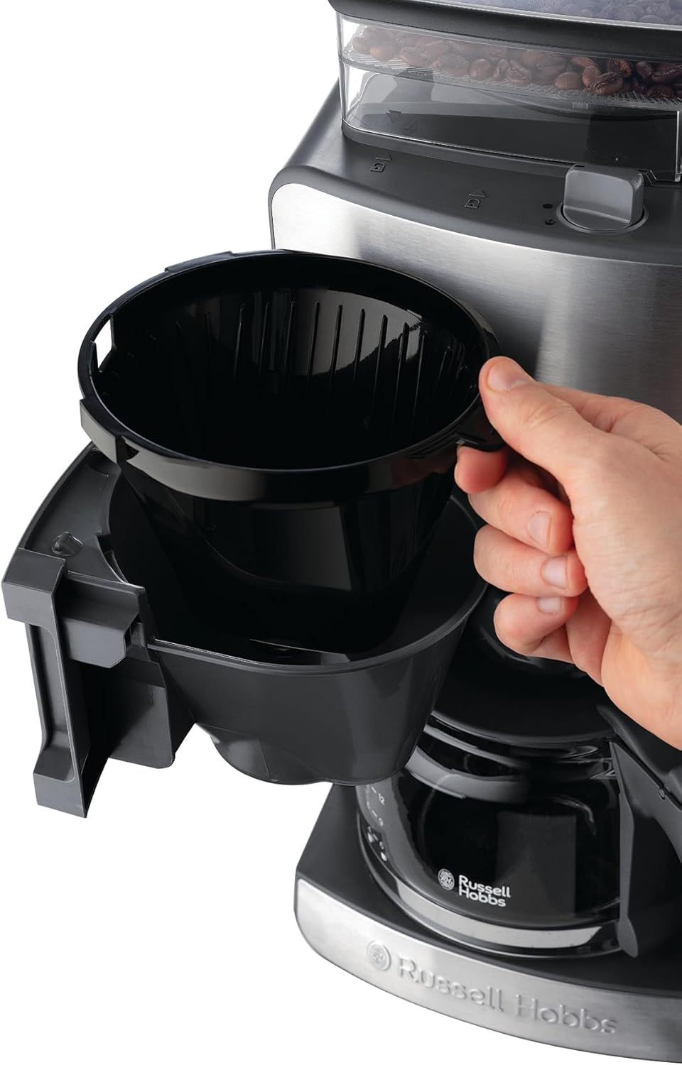 Russell Hobbs Grind & Brew – Makineri Kafeje me Programim, Teknologji WhirlTech për Nxjerrje dhe Shije optimale, me Mulli të Integruar, Kapacitet 10 Filxhanë, Gjel Gjatë 1.25L, Modeli 25610-56