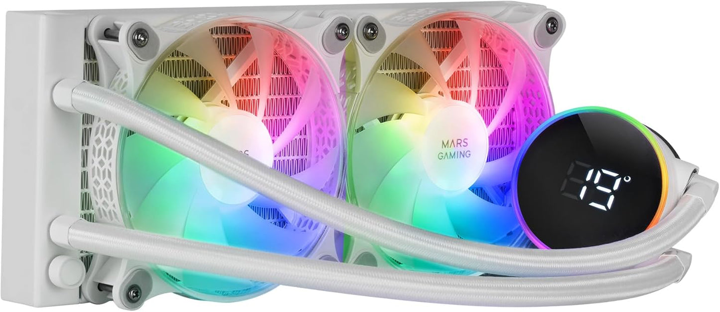 Mars Gaming ML-LCD240 – Ftohës AIO me lëng, TDP 500W, 2 ftohës FDB ARGB 120mm, Ekran LCD me monitorim temperature, Pompë Opti-Chamber gjenerata e 3-të, Multisocket universal, E bardhë