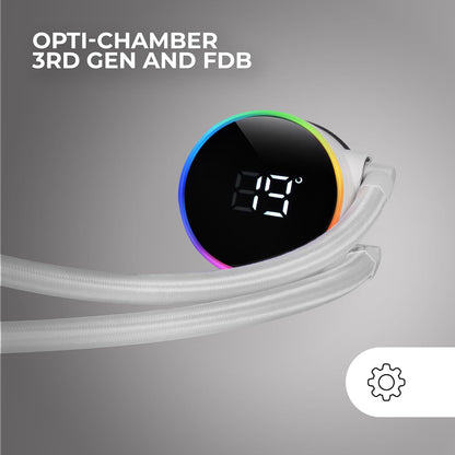 Mars Gaming ML-LCD240 – Ftohës AIO me lëng, TDP 500W, 2 ftohës FDB ARGB 120mm, Ekran LCD me monitorim temperature, Pompë Opti-Chamber gjenerata e 3-të, Multisocket universal, E bardhë