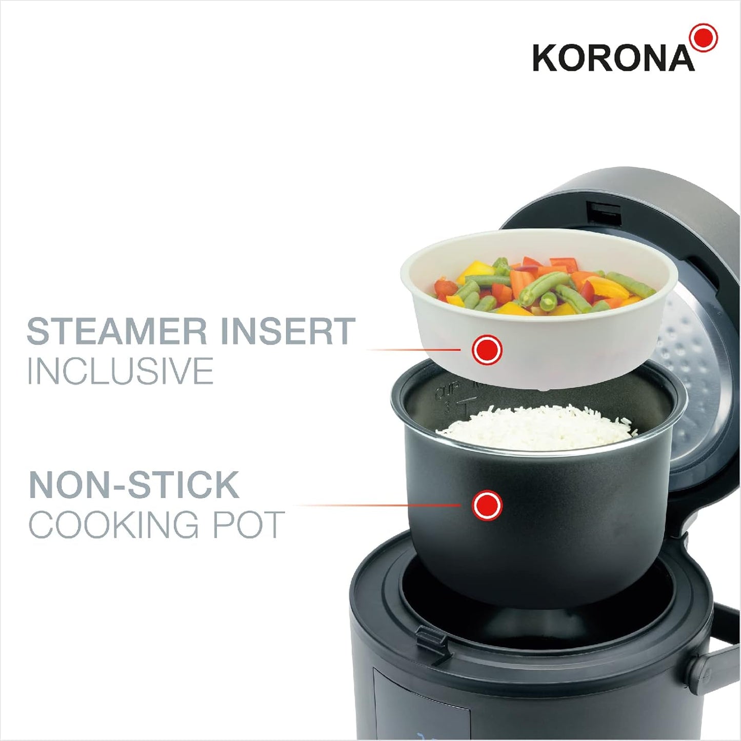 Korona 58011 Reisprofi – Gatuese dhe Avullues Digjital për Oriz 1.6L | Funksion Mbajtjeje të Ngrohtë | Tenxhere Gatuese e Lëvizshme | Ekran LED me Butona Touch | Timer 24 Orësh | Përfshin Kupë Matëse dhe Lugë për Oriz