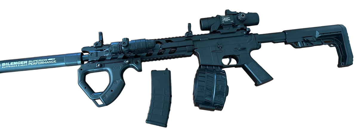 Sniper arme me plumba xheli me gjuajtje semi dhe full automatike,laser ne shenje, zmadhues 6X, 1 karikator normal, 1 karikator rrumbullak për me shume gjuajtje.