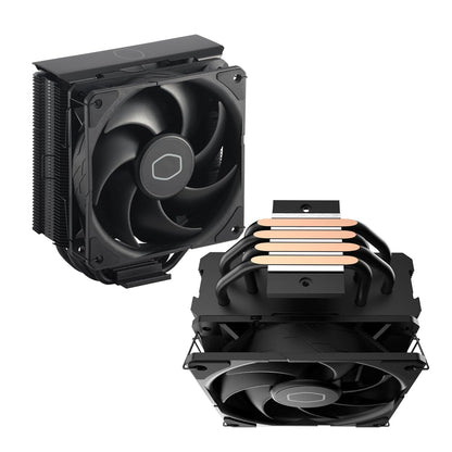 Cooler Master Hyper 212 Black – Ftohës ajri për procesor – Ventilator SickleFlow 120 Edge me kontroll PWM – Mbulesë alumini në pjesën e sipërme – 4 tuba nxehtësie prej bakri – Lartësi 152 mm – Përshtatje për AMD Ryzen AM5/AM4 dhe Intel LGA 1851/1700/1200