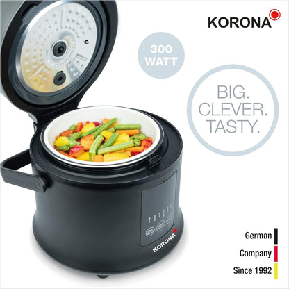 Korona 58011 Reisprofi – Gatuese dhe Avullues Digjital për Oriz 1.6L | Funksion Mbajtjeje të Ngrohtë | Tenxhere Gatuese e Lëvizshme | Ekran LED me Butona Touch | Timer 24 Orësh | Përfshin Kupë Matëse dhe Lugë për Oriz