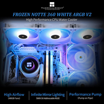 Thermalright Frozen Notte 360 White ARGB V2 – Ftohës me ujë për CPU – 360 mm radiator – 3 ventilatorë 120 mm me kontroll PWM – Lehtësi në fërkimin S-FDB – I përshtatshëm për AMD AM4 dhe Intel LGA 1700/1150/1151/1200/2011/2066