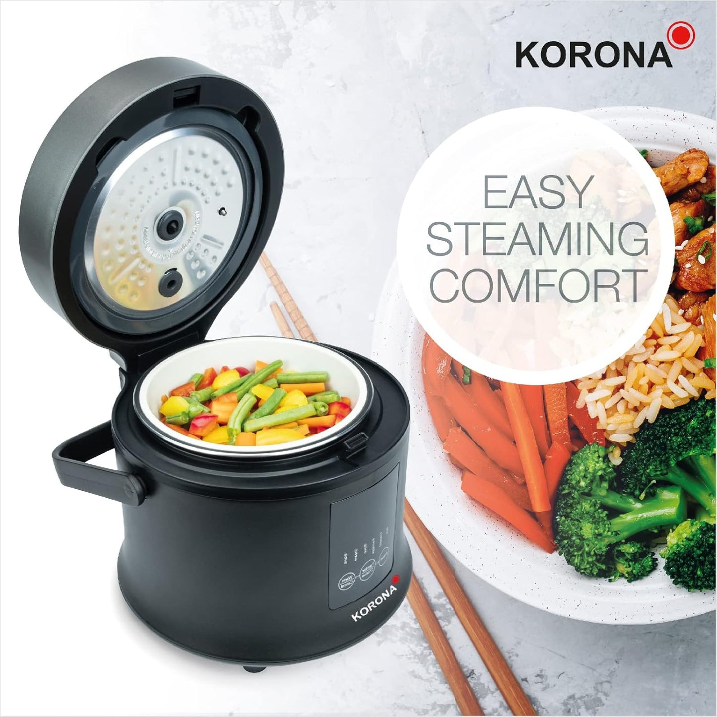 Korona 58011 Reisprofi – Gatuese dhe Avullues Digjital për Oriz 1.6L | Funksion Mbajtjeje të Ngrohtë | Tenxhere Gatuese e Lëvizshme | Ekran LED me Butona Touch | Timer 24 Orësh | Përfshin Kupë Matëse dhe Lugë për Oriz