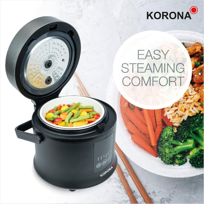 Korona 58011 Reisprofi – Gatuese dhe Avullues Digjital për Oriz 1.6L | Funksion Mbajtjeje të Ngrohtë | Tenxhere Gatuese e Lëvizshme | Ekran LED me Butona Touch | Timer 24 Orësh | Përfshin Kupë Matëse dhe Lugë për Oriz
