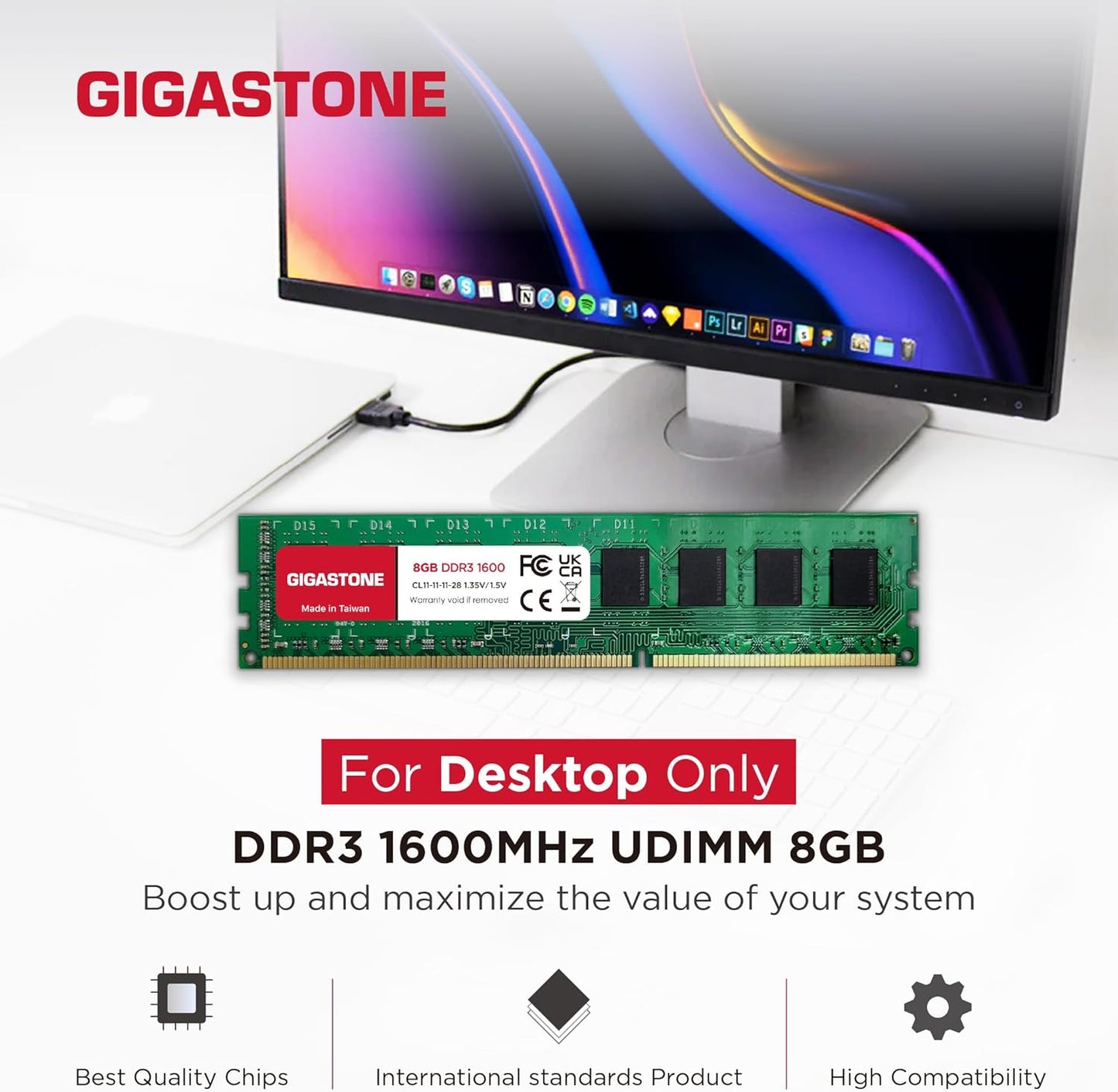 【DDR3 RAM】 Gigastone RAM 8GB DDR3 1600MHz PC3-12800 CL11 1.5V UDIMM 240 pin Jo-ECC për kompjuterë desktop