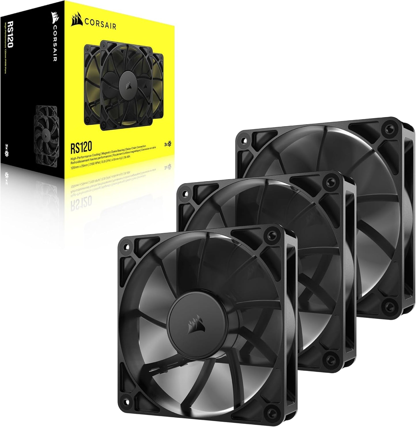 CORSAIR RS120 – Ventilator 120 mm me kontroll PWM – Lidhje me sistem "daisy chain" – Zhurmë e ulët – Mbajtje magnetike "dome bearing" – Paketë me 3 copë – Ngjyrë e zezë