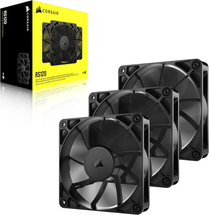 CORSAIR RS120 – Ventilator 120 mm me kontroll PWM – Lidhje me sistem "daisy chain" – Zhurmë e ulët – Mbajtje magnetike "dome bearing" – Paketë me 3 copë – Ngjyrë e zezë
