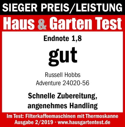 Makineri Kafeje Russell Hobbs Adventure 24020-56 – Me Kana Termike 1.0L, 8 Filxhanë, Teknologji Shpërndarjeje të Barabartë të Ujit, Ndalim Rrjedhjeje, Fikje Automatike, 1100W